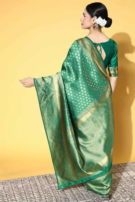 Silk Blend Green Woven Design Designer Saree With Blouse