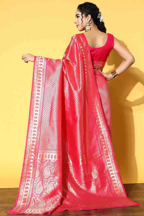 Pink Silk Blend Ethnic Motif Woven Design Banarasi Saree