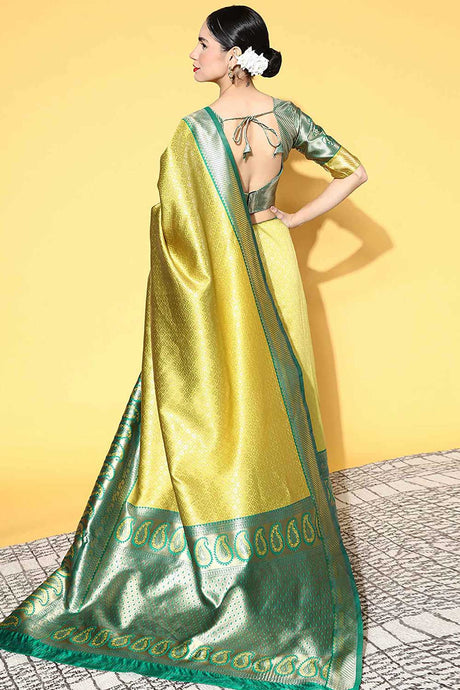 Silk Blend Lime Green Woven Design Designer Saree With Blouse