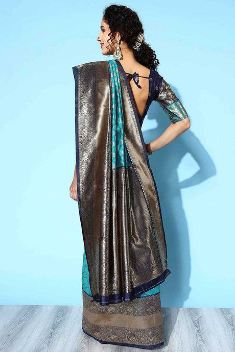 Silk Blend Blue Woven Design Designer Saree With Blouse