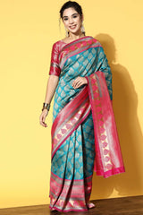 Blue Silk Blend Bagh Woven Design Banarasi Saree