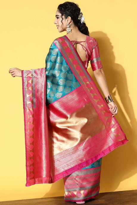 Blue Silk Blend Bagh Woven Design Banarasi Saree