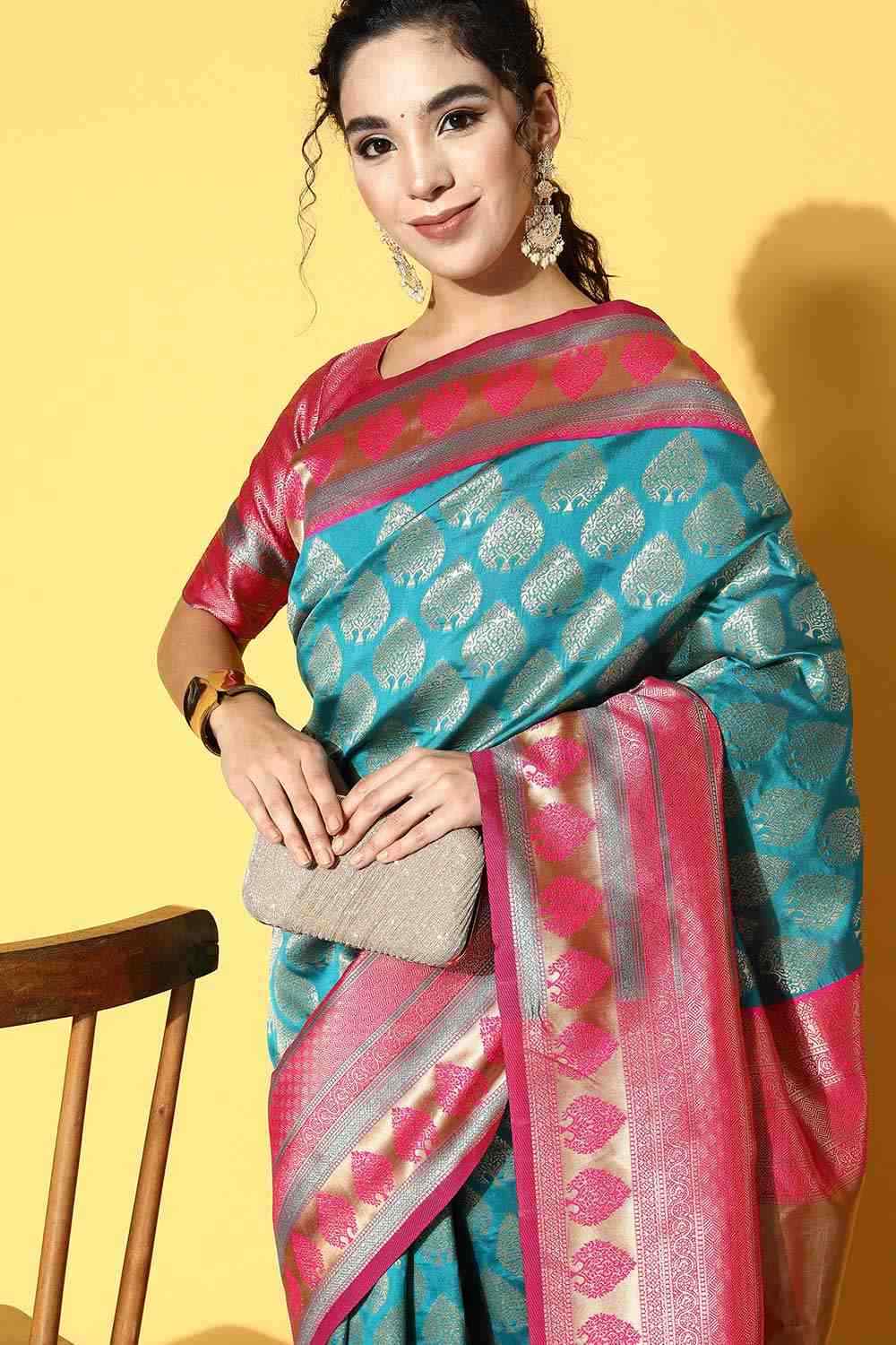 Blue Silk Blend Bagh Woven Design Banarasi Saree