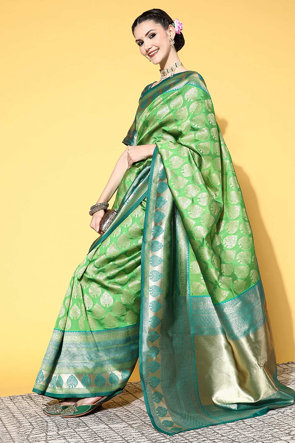 Silk Blend Green Woven Design Designer Saree