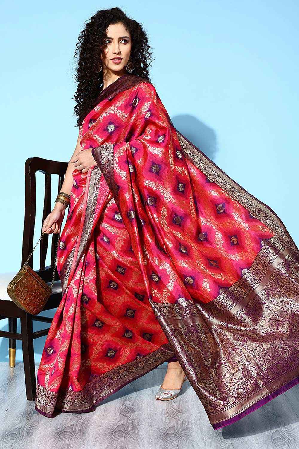 Silk Blend Pink Woven Design Designer Saree