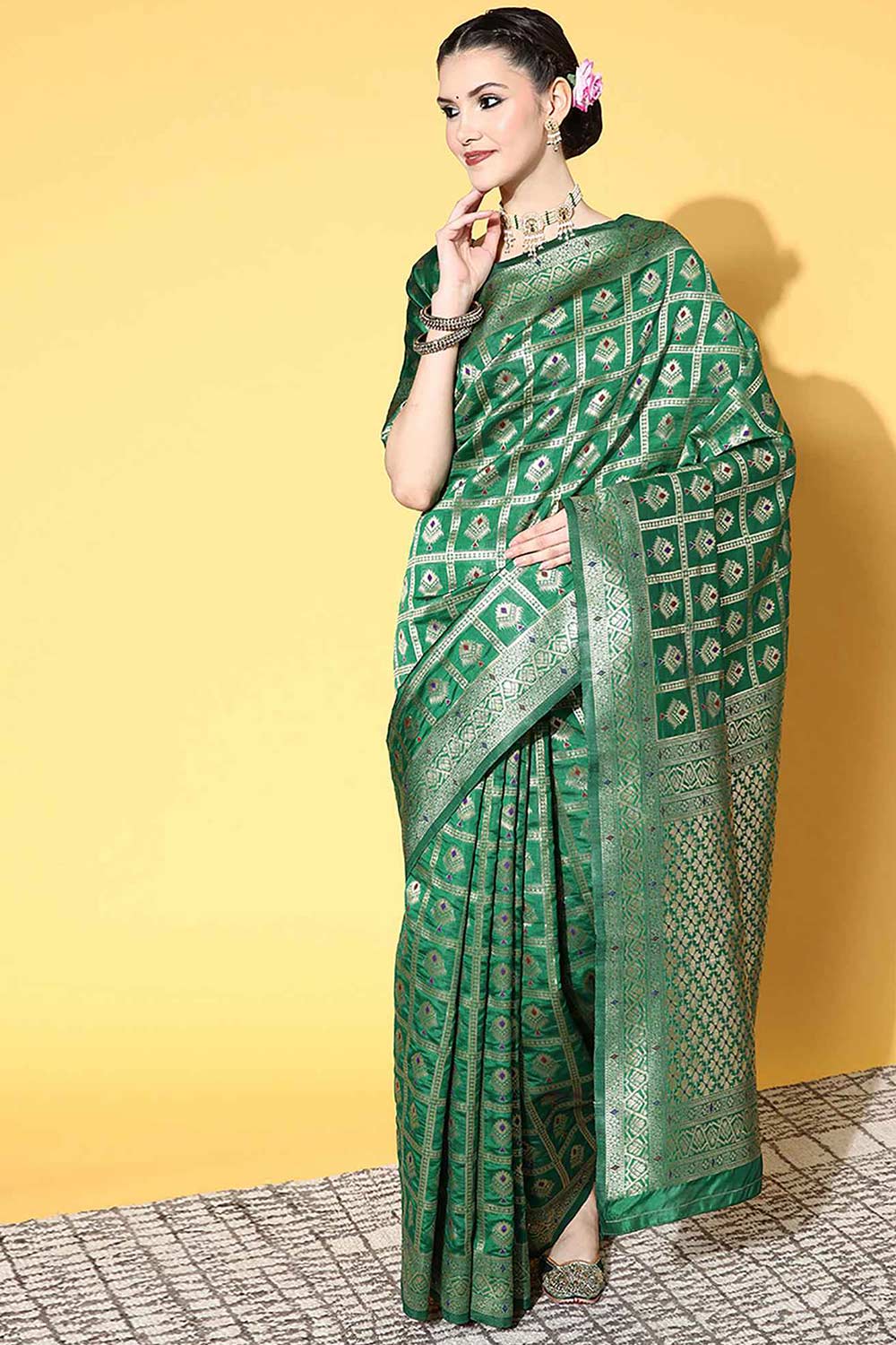 Silk Blend Green Woven Design Designer Saree With Blouse