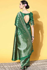 Silk Blend Green Woven Design Designer Saree With Blouse