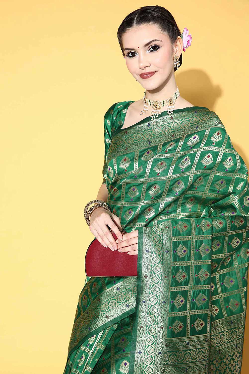 Silk Blend Green Woven Design Designer Saree With Blouse