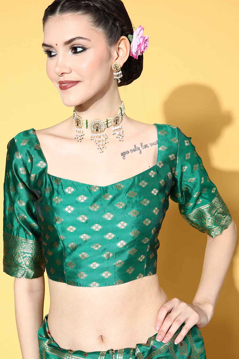 Silk Blend Green Woven Design Designer Saree With Blouse