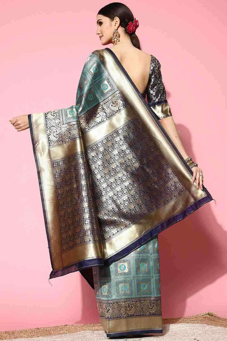 Blue Silk Blend Checkered Woven Design Banarasi Saree