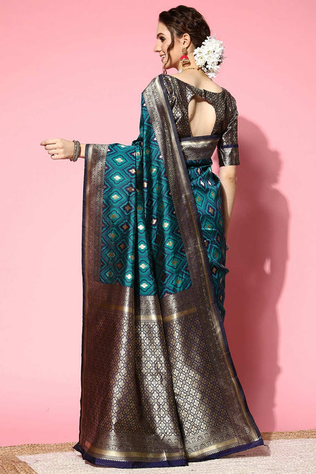 Teal Blue Silk Blend Geometric Woven Design Banarasi Saree