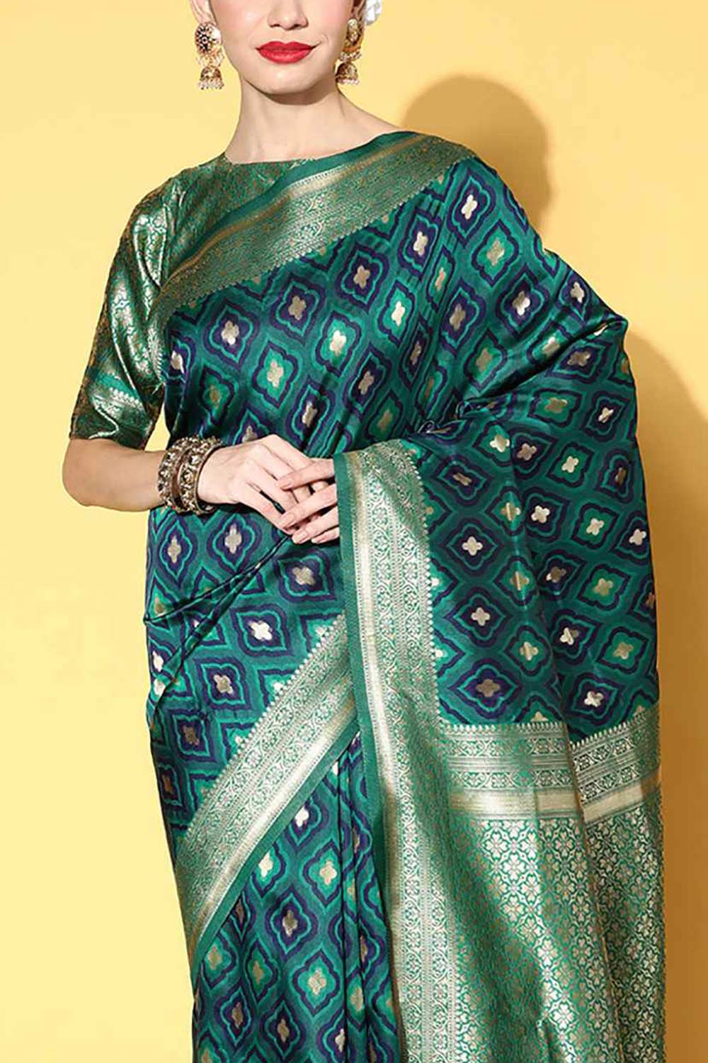 Silk Blend Green Woven Design Designer Saree With Blouse