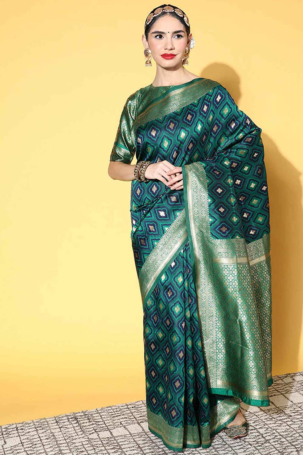 Silk Blend Green Woven Design Designer Saree With Blouse