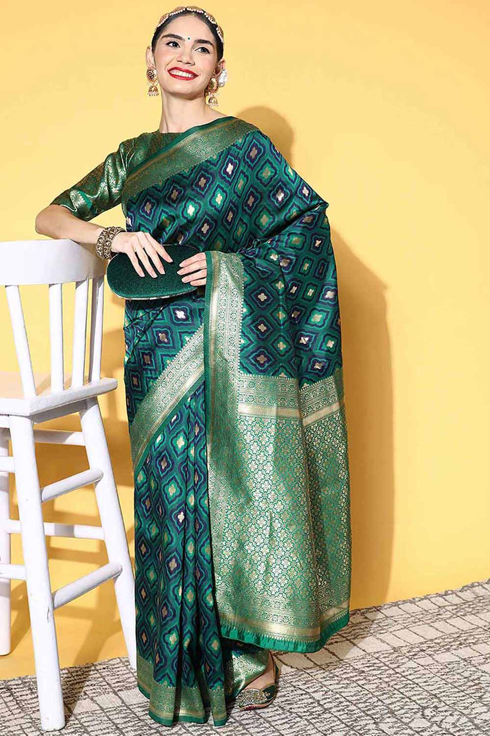 Silk Blend Green Woven Design Designer Saree With Blouse