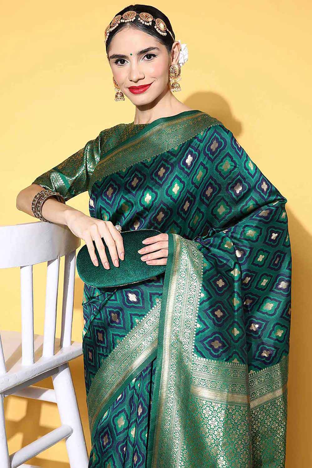 Silk Blend Green Woven Design Designer Saree With Blouse