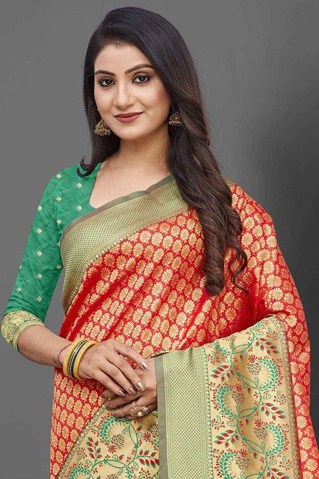 Silk Blend Red Woven Design Celebrity Saree