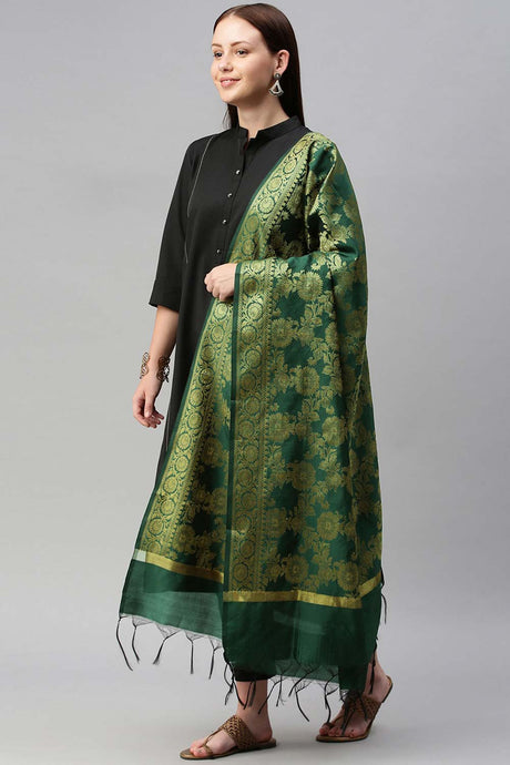 Buy Art Silk Zari Woven Dupatta in Dark Green Online - Back