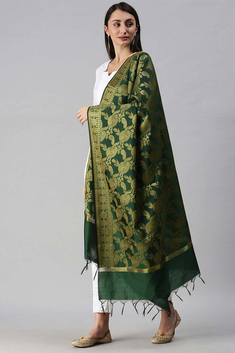 Buy Art Silk Zari Woven Dupatta in Green Online - Back