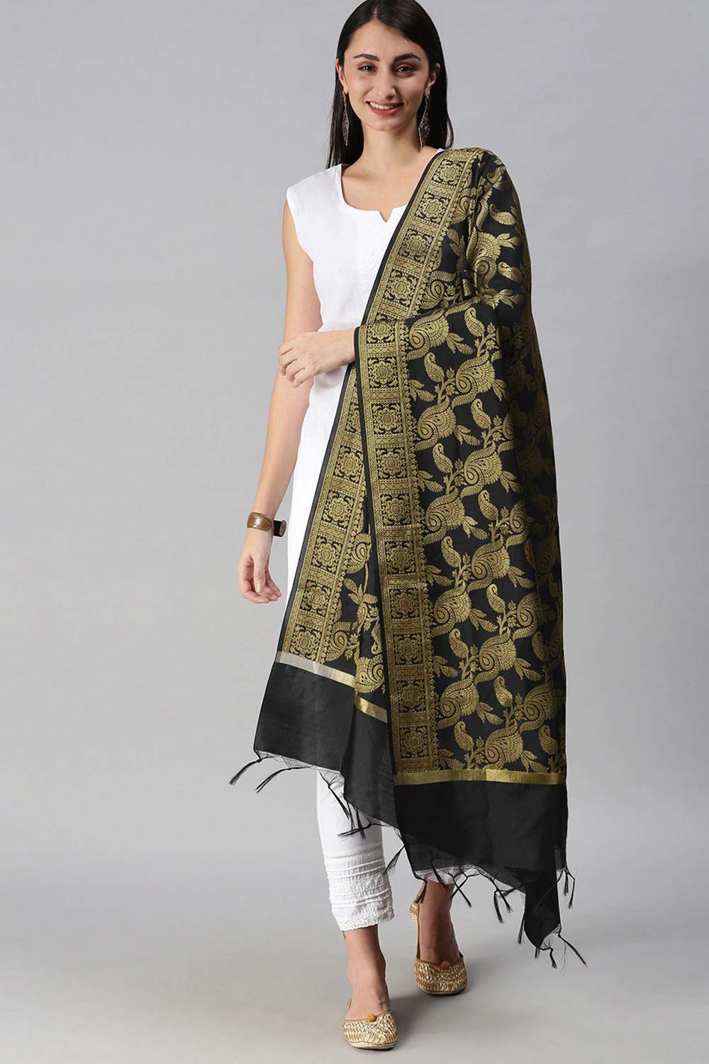 Buy Art Silk Zari Woven Dupatta in Black Online - Back