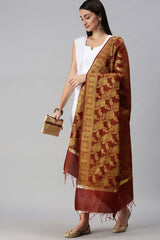 Buy Art Silk Zari Woven Dupatta in Maroon Online - Back