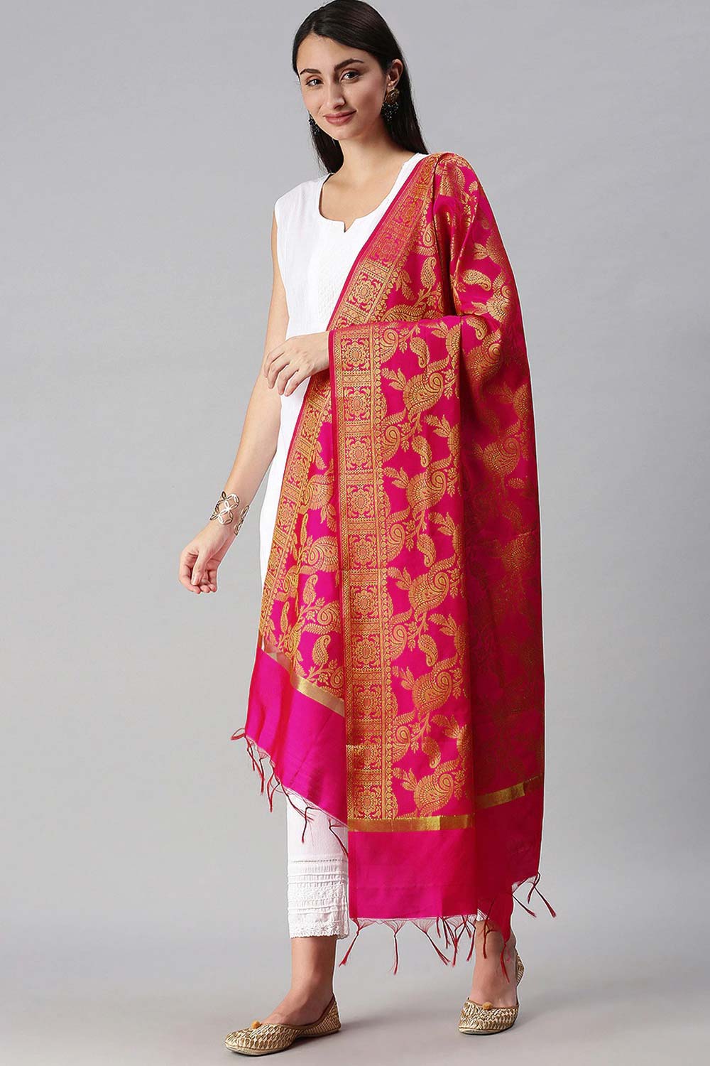 Buy Art Silk Zari Woven Dupatta in Pink Online - Back