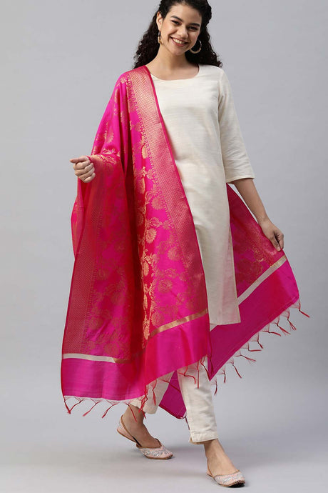 Silk Blend Woven Dupatta In Pink