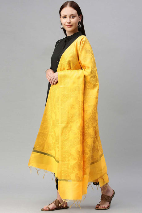 Buy Art Silk Zari Woven Dupatta in Yellow Online - Back