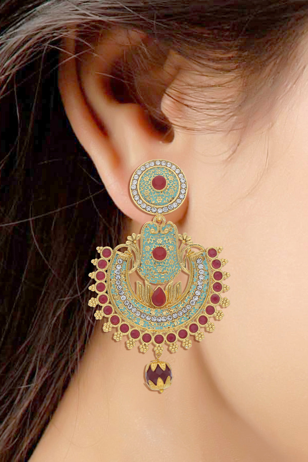 Alloy Chandbali Earring In Red And Sky Blue