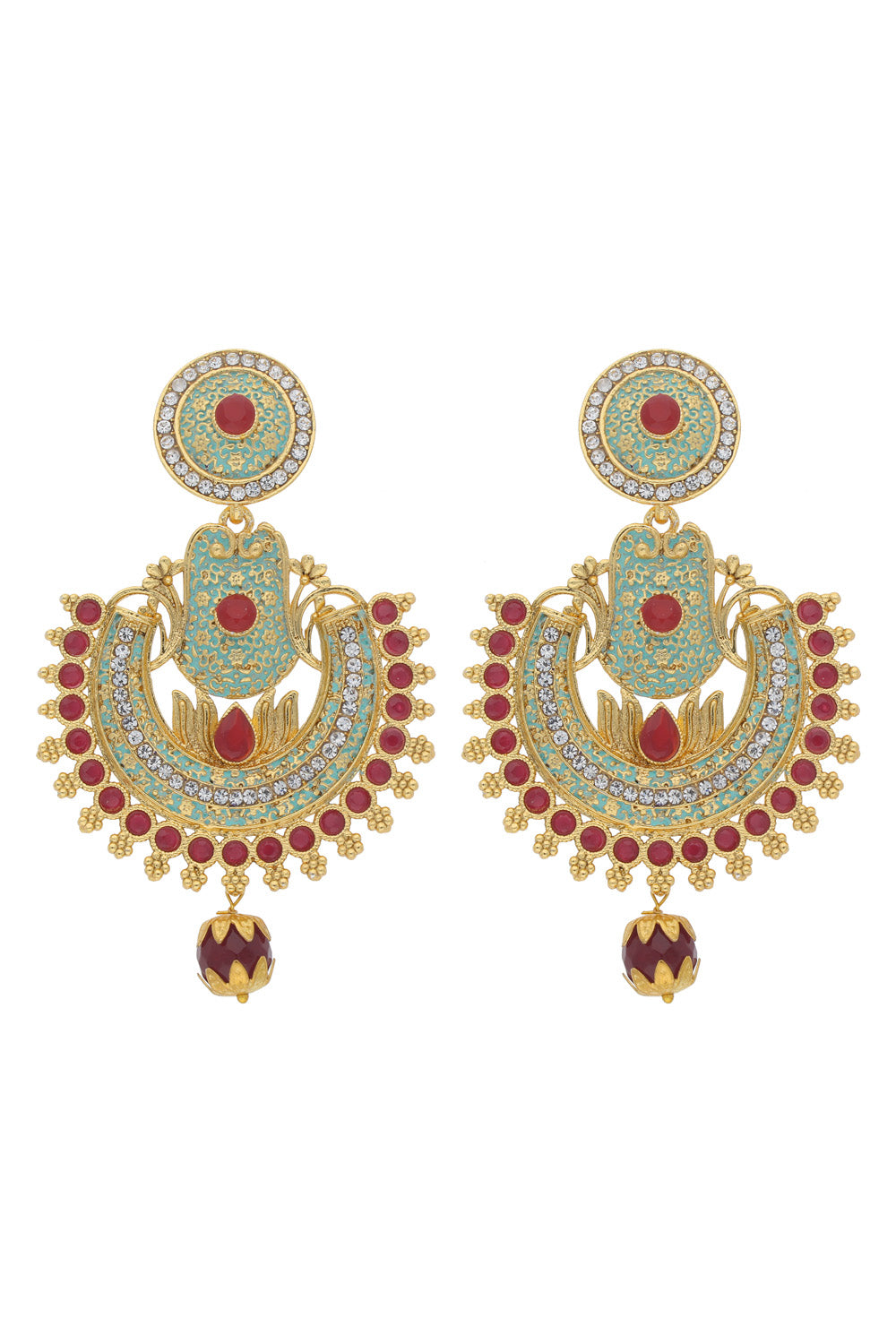 Alloy Chandbali Earring In Red And Sky Blue