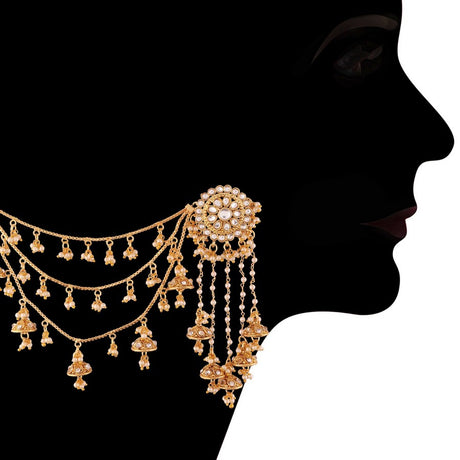 Alloy Jhumka Earring with Hair Chain in Gold