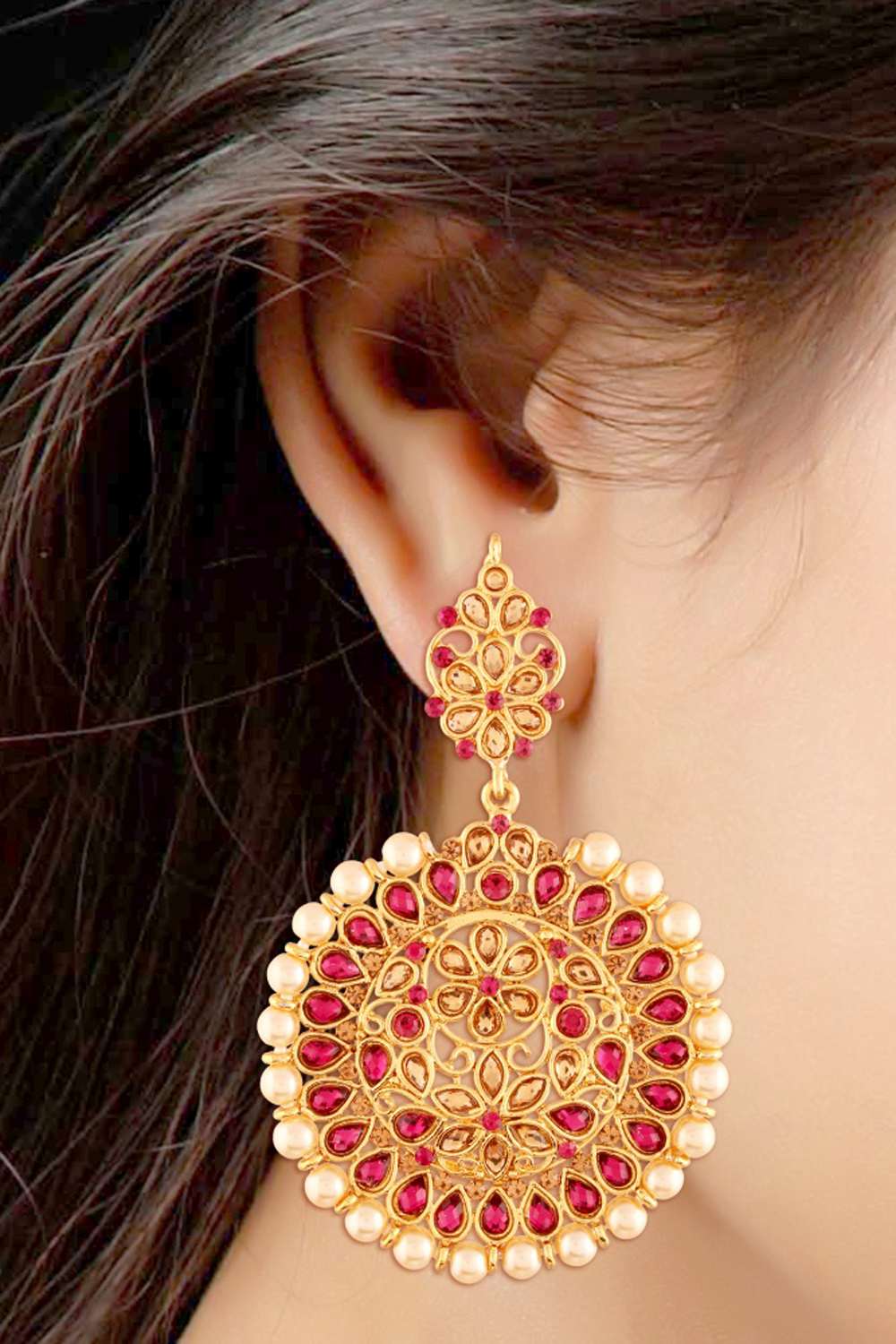 Alloy Chandbali Earrings In Pink