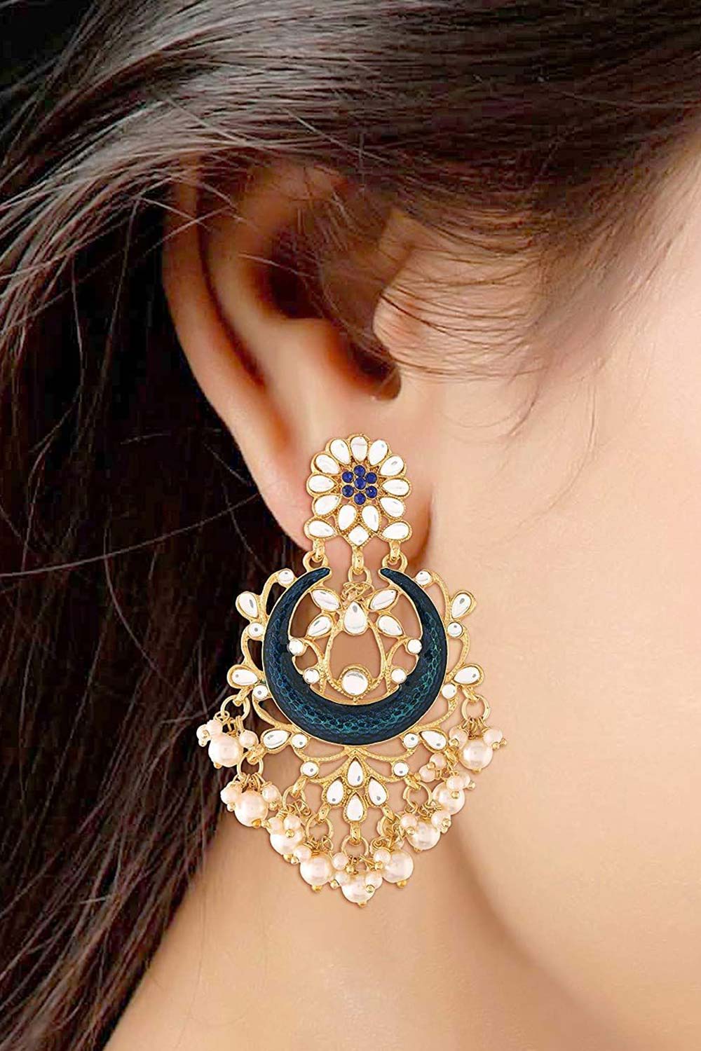 Buy Women's Alloy Chandbali Earring in Blue Online - Side