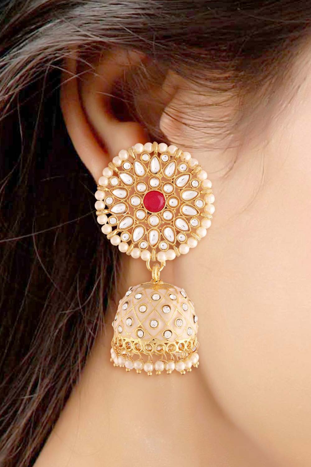 Buy Women's Alloy Jhumka Earring in Cream Online - Front