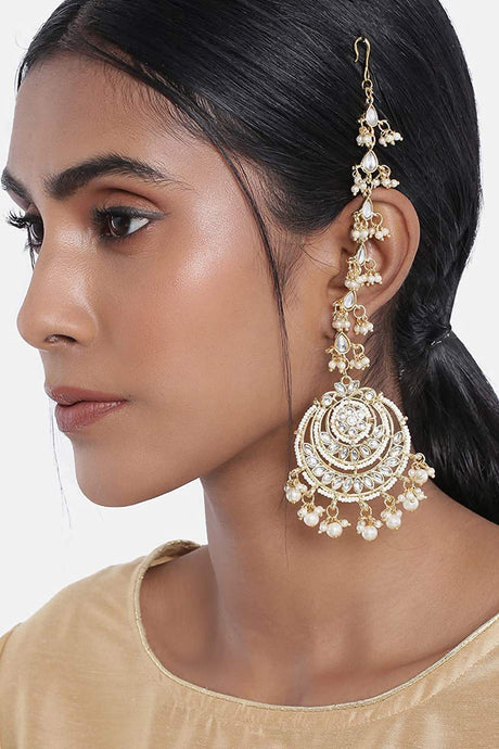 Buy Women's Alloy Chandbali Earring with Earchain in White - Back