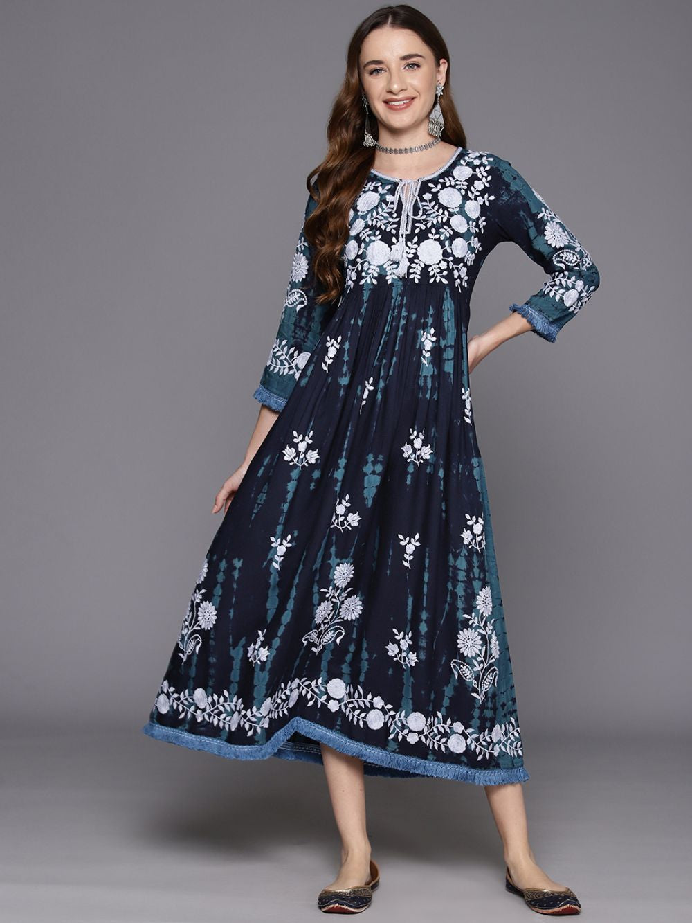 Navy Blue Viscose Embroidered Dress
