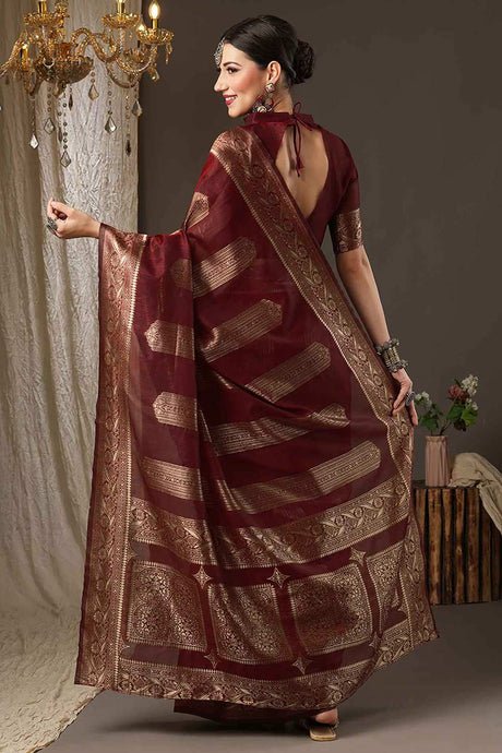 Maroon Cotton Silk Striped Woven Design Banarasi Saree