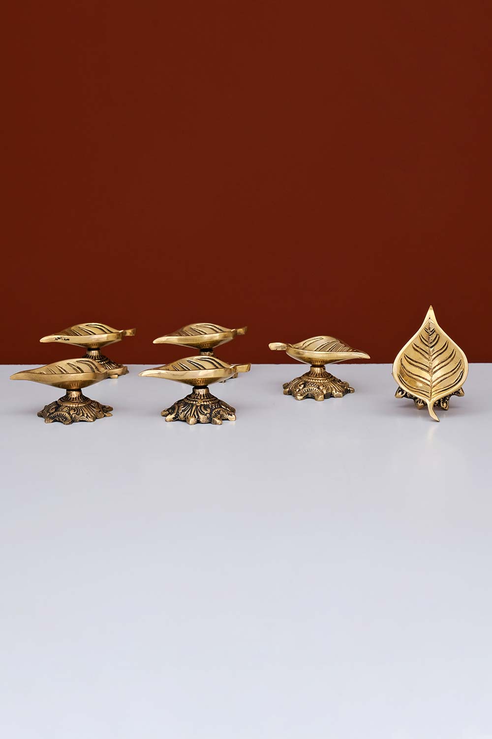 Brass Leaf Shaped Small Diya Oil Lamp Deepak (Set Of 6)