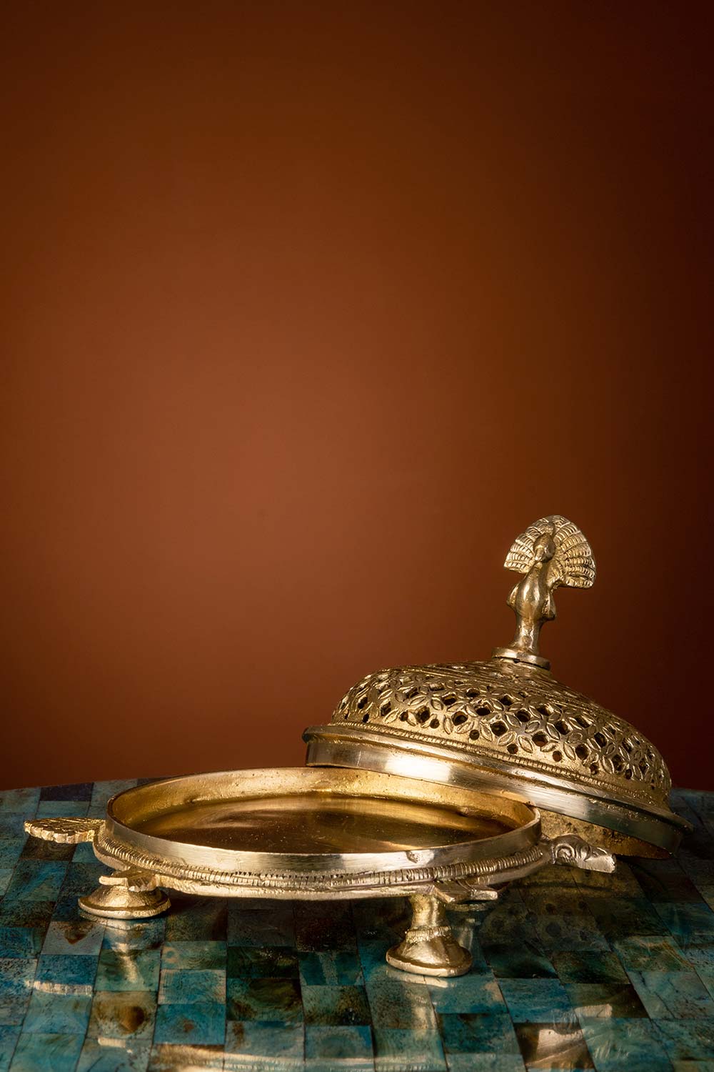 Brass 3 Legged Tortoise Peacock Dhoop Burner