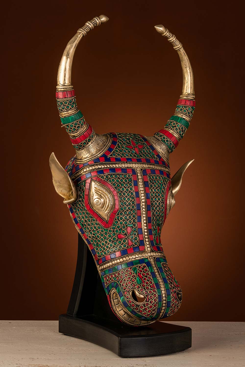 Brass Nandi Mask With Stand, Stonework Home Décor