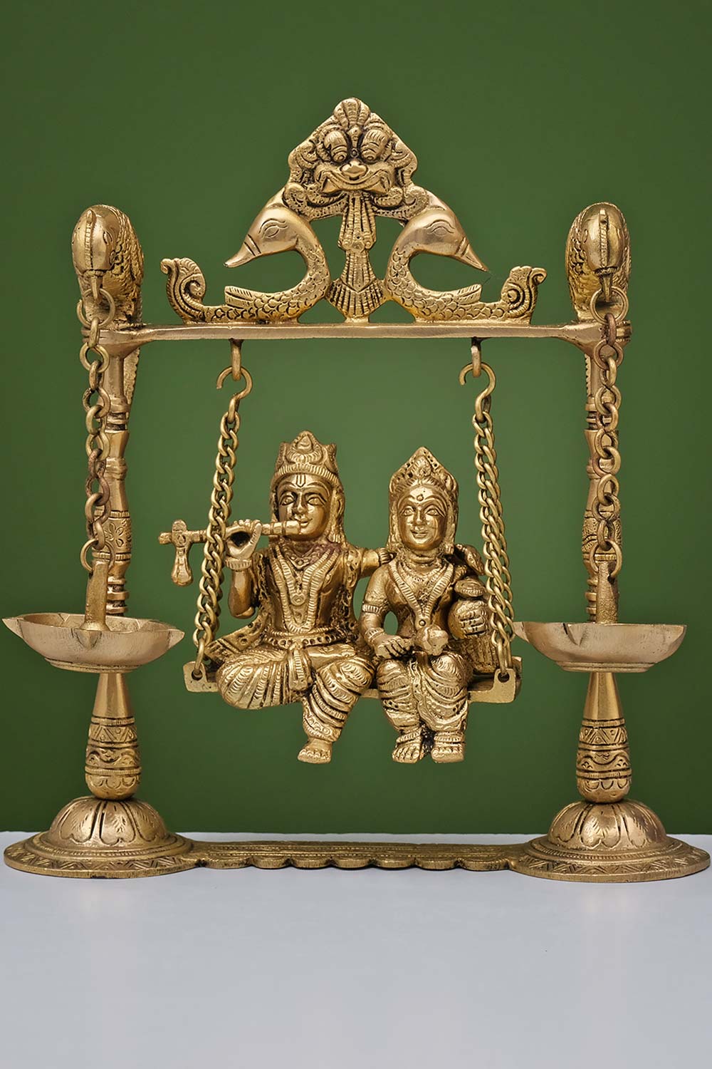 Brass Radha Krishna Swing Parrot With Oil Lamp