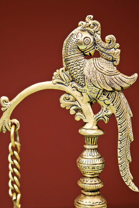 Brass Parrot Deepak With Hanging Diya