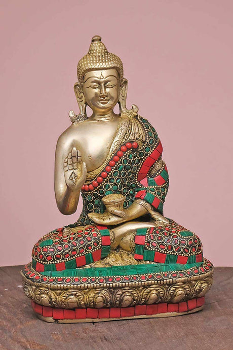 Brass Blessing Buddha Statue With Stonework