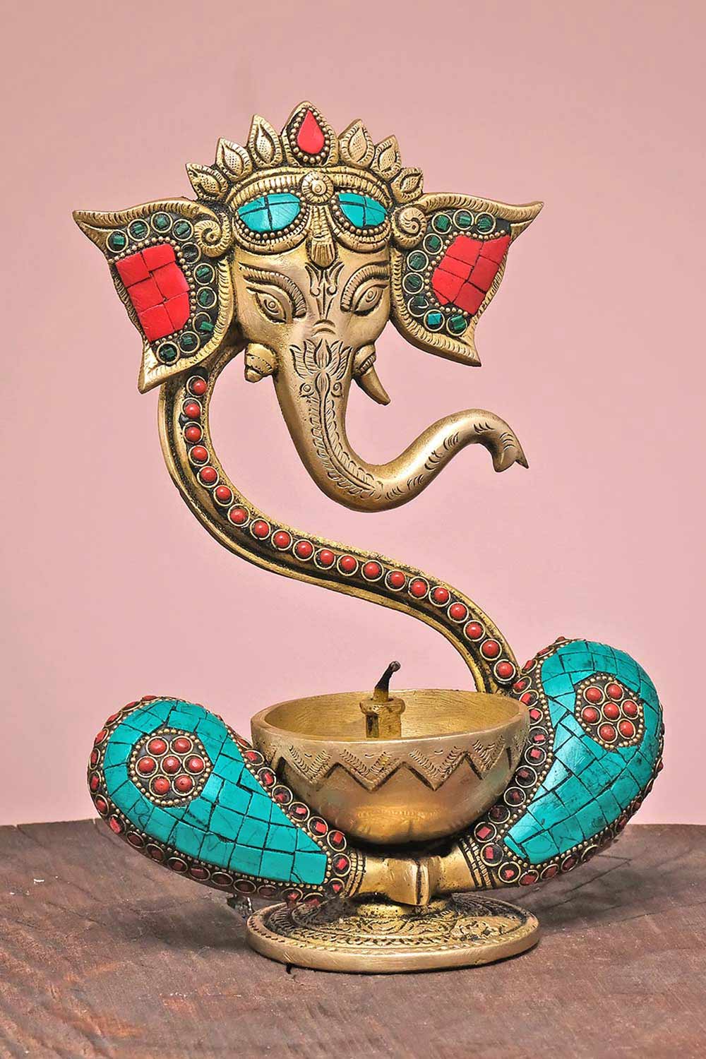 Ethnic Carved Brass Ganesh Diya Pooja Room And Temple Stonework