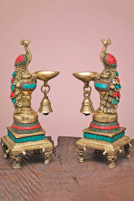 Brass Peacock Diya With Stonework (Set Of 2)