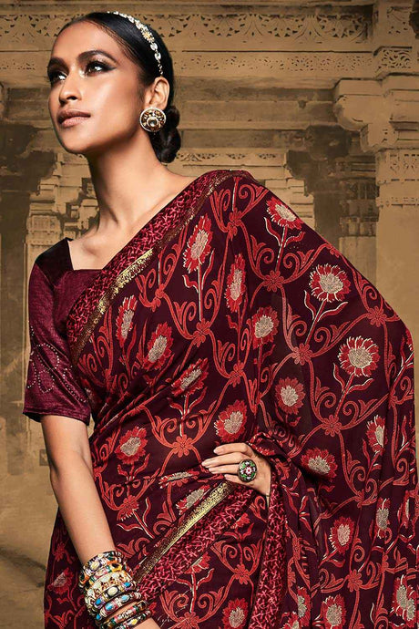 Silk Blend Black Printed Designer Saree