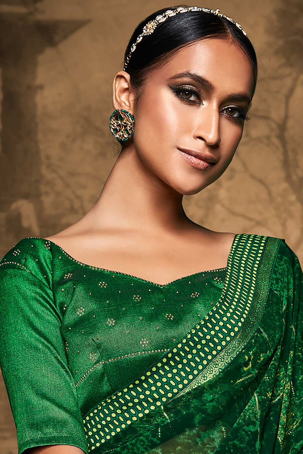 Silk Blend Green Printed Designer Saree