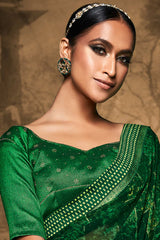 Silk Blend Green Printed Designer Saree