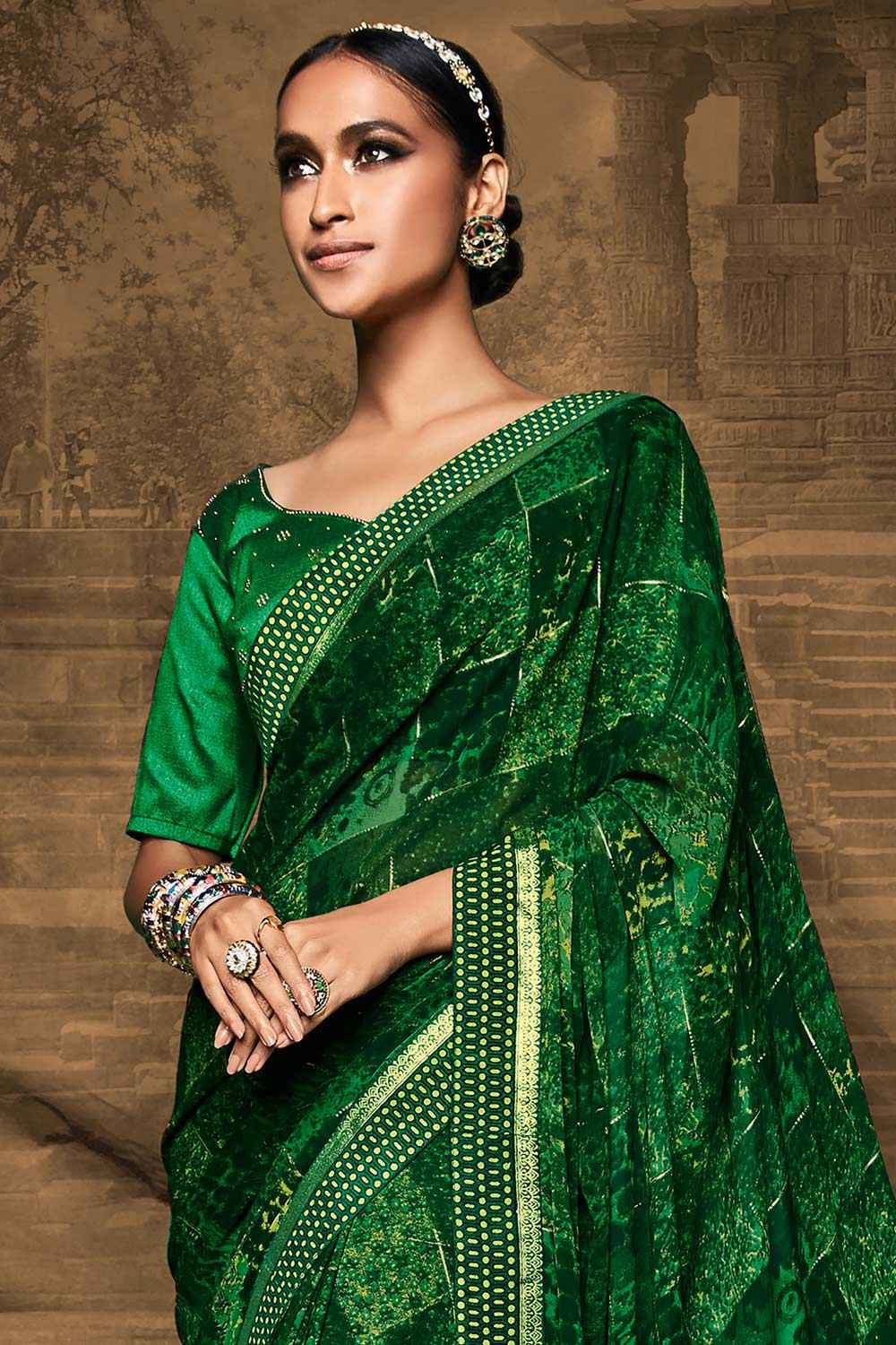 Silk Blend Green Printed Designer Saree