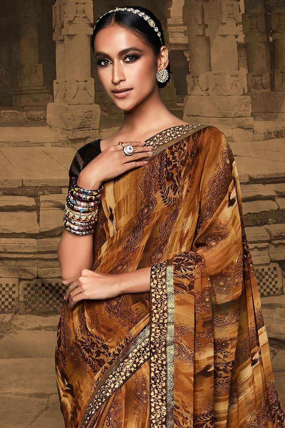 Silk Blend Brown Printed Designer Saree