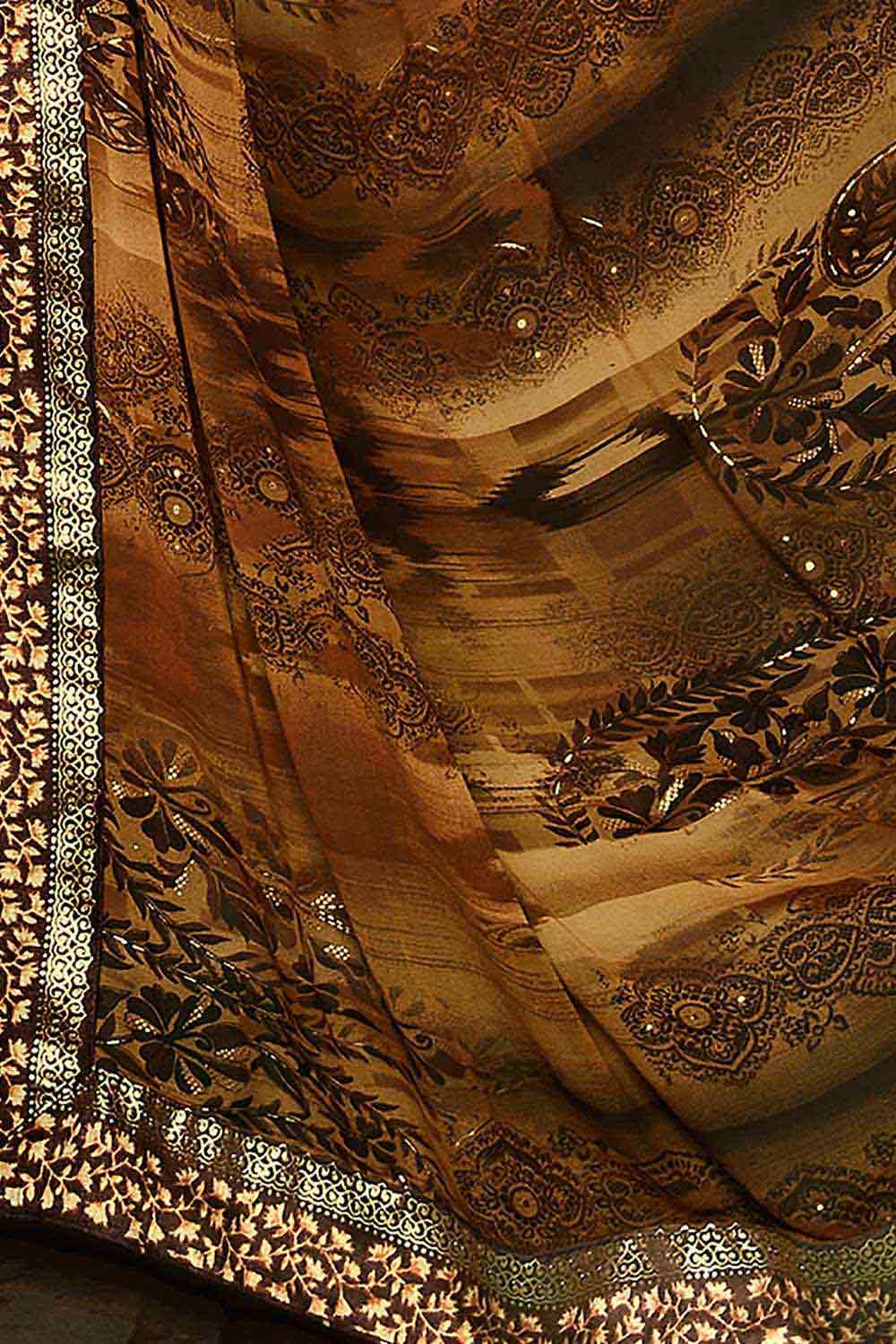 Silk Blend Brown Printed Designer Saree